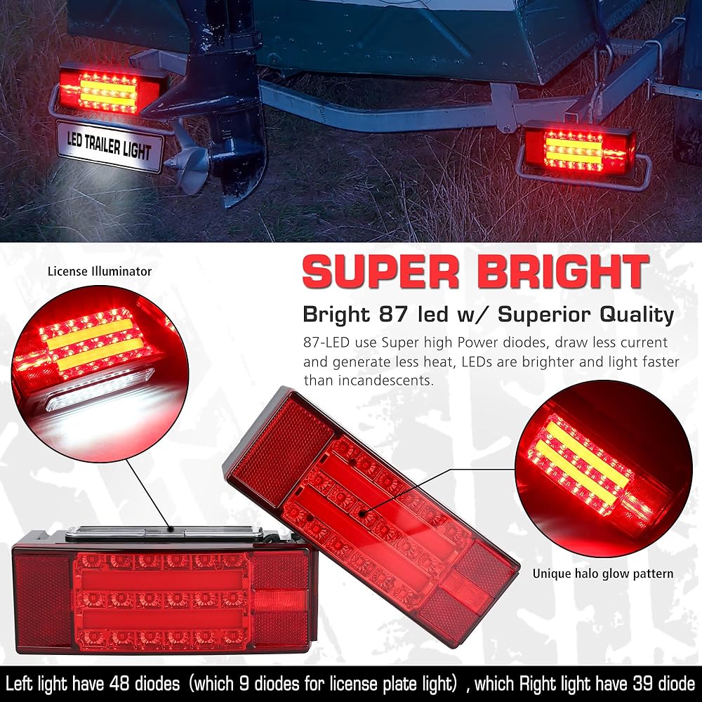 2019 New Submersible LED Trailer Light Kit, Super Bright Brake Stop Turn Tail License Lights for Camper Truck RV Boat Snowmobile Under 80" Inch