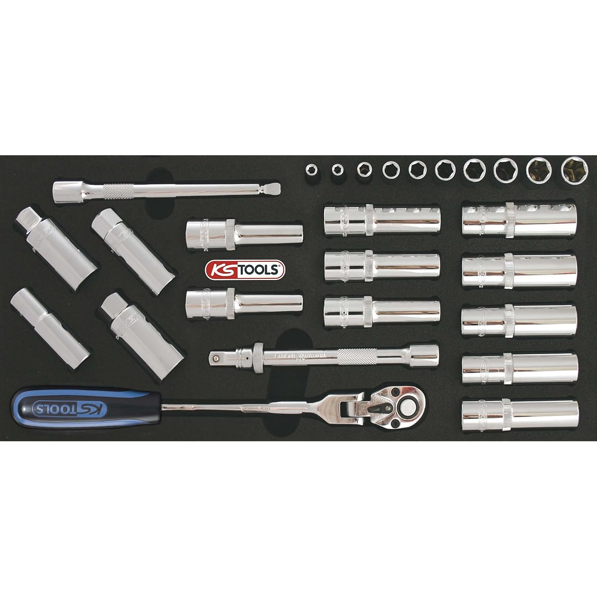 KS TOOLS CHROMEplus spark plug service set 1/4"-1/2'' 27pcs 1/3 system inserts CHROMEplus spark plug service set 1/4"-1/2'' 27 pcs 1/3 system insert 818.1304