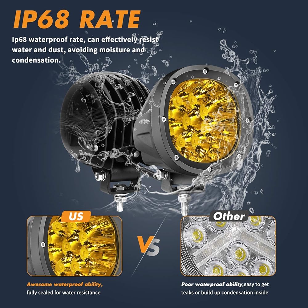 YCHOW-TECH 4 inch 90W LED Amber fog light 2 9000LM Amber Ore Fog Right Round LED Off-Light Spot Driving Light Track Pickup SUV ATV 4X4 For Omr Bay