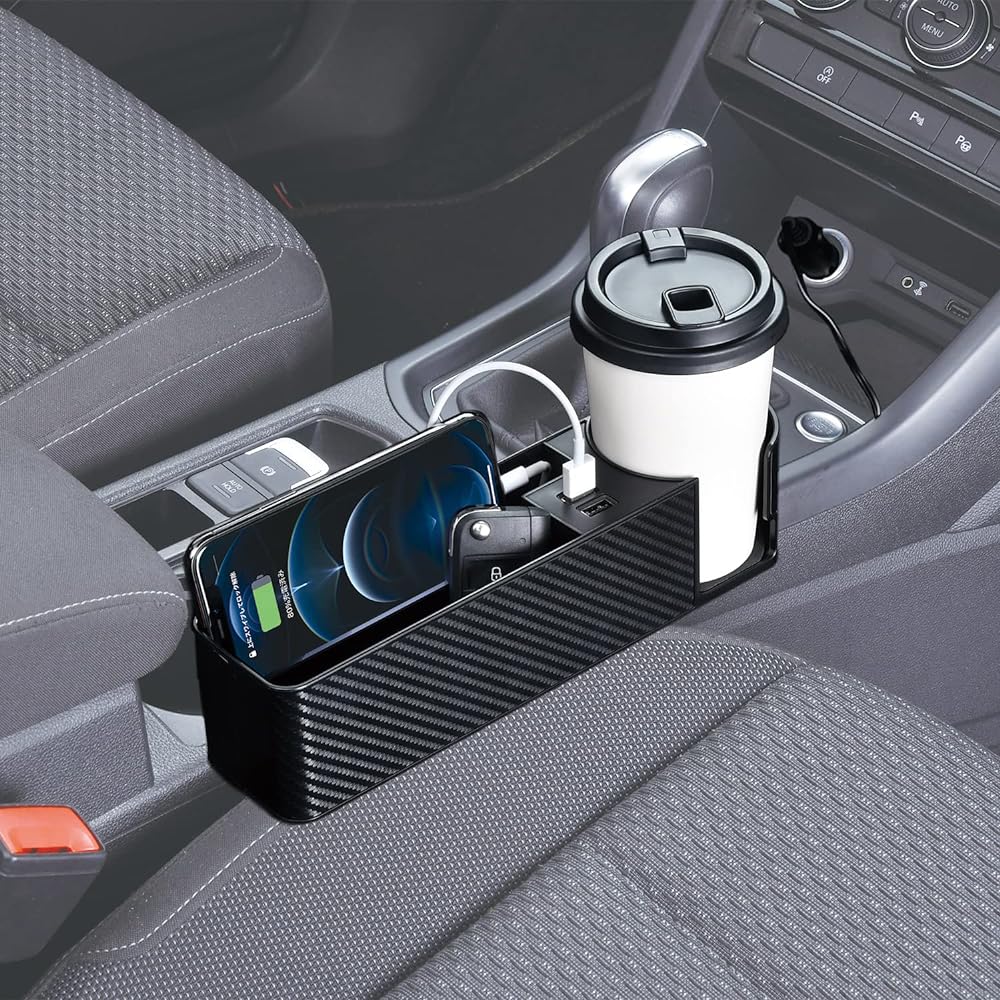 SEIWA Car Interior Supplies Seat Side Pocket with USB Port 2 Drink Holder Storage Car Carbon WA82 Seat Organizer 4.8A Output Automatic Identification