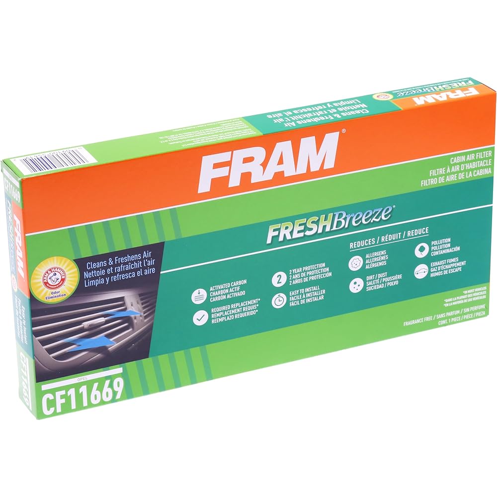 Fram Fresh Breeze Cabin air filter replacement car passenger seat compartment arm and hammer baking soda Easy to install CF11669 Some serve vehicles White