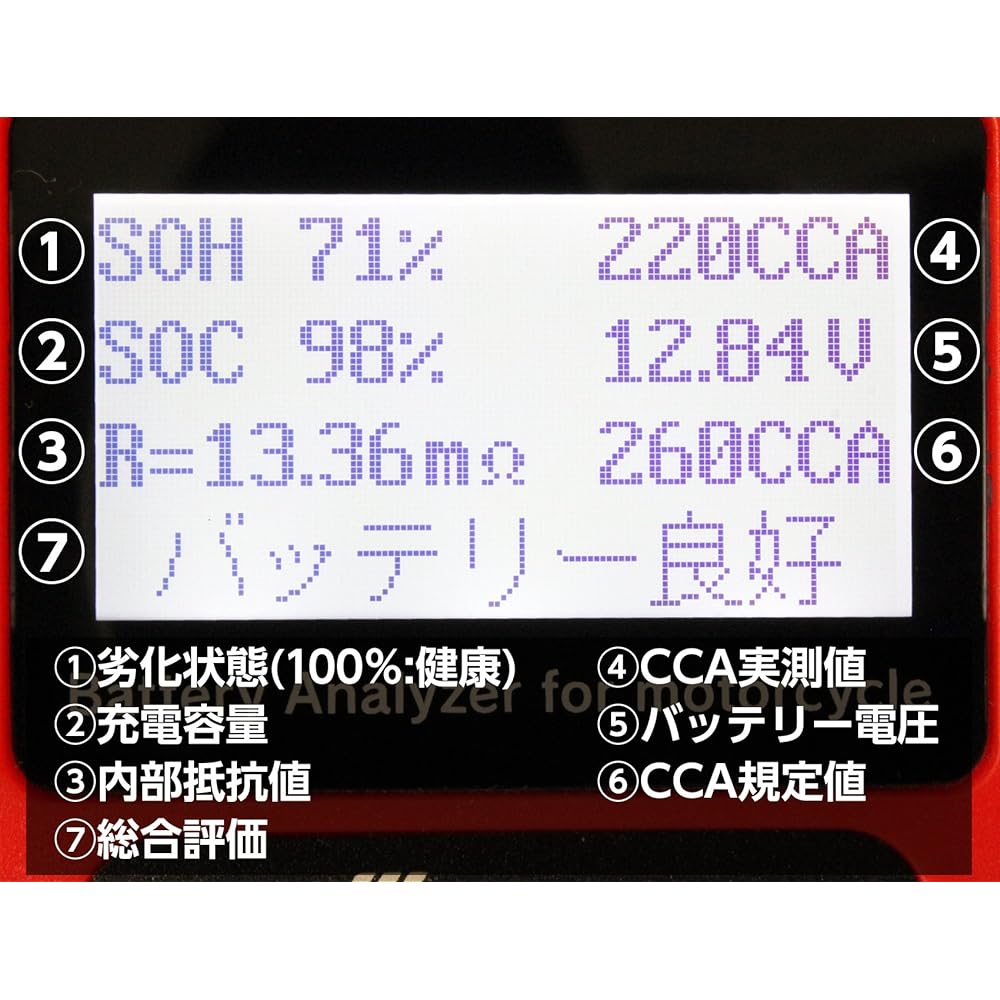 Meltec battery diagnostic machine (for motorcycles/LED digital display) DC12V Diagnosis content: CCA value, CA value, mΩ Battery status & charging capacity display/Japanese notation Meltec ML-101