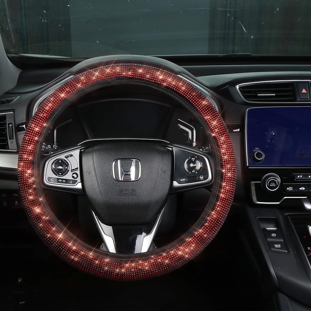 Glitter Line Stone Steering Wheel Cover Crystal Diamond Sparkling Car SUV SUV Anti -ventilation Steering Wheel Protector Ladies Party Birthday Gift (14.2 inch ~ 15.3 inch compatible) Red