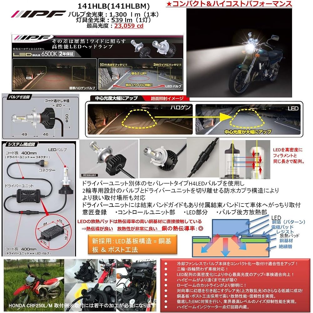 IPF Motorcycle LED Headlamp LED Head Compact MOTO H4 HI/LO 12V 19W/18W 6500K 1 Piece 141HLBM