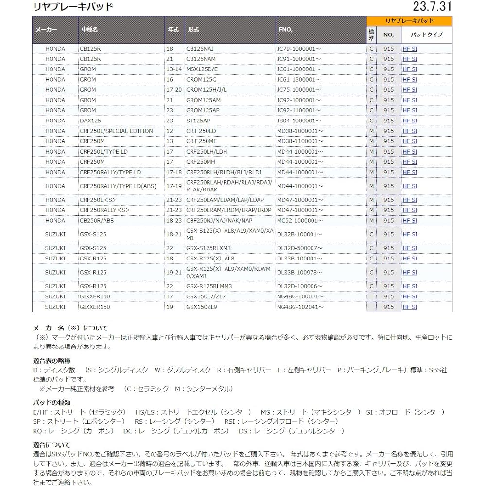KITACO SBS Brake Pad 915HF Ceramic Grom (GROM) CRF250L etc. 777-0915000