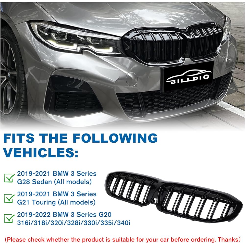 BILLDIO Front Kidney Grill Gloss Black Grill BMW 3 Series G20 2019 2020 2022 2022 316i 320i 328i 330i 335i 340i Compatible with double slats