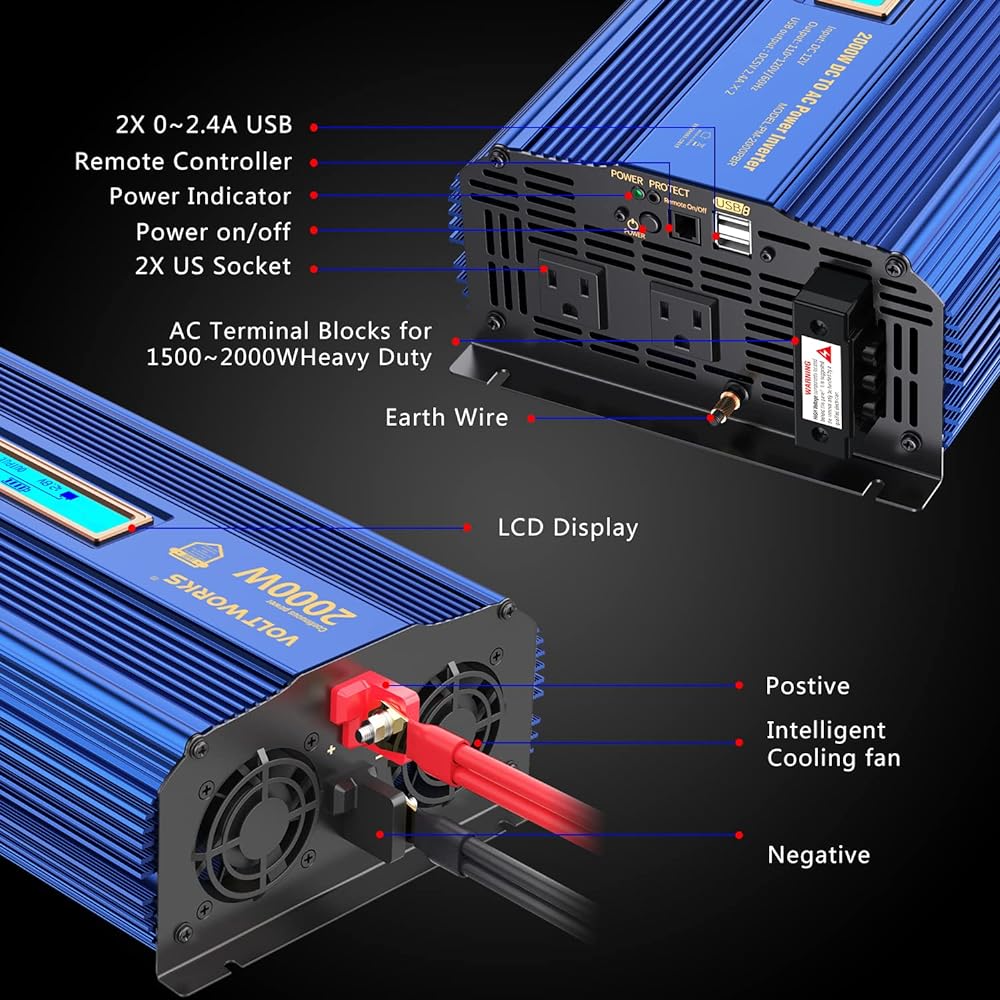 Power Inverter 2000 Watt DC 12V to AC 120V Modified Sinus Wave Inverter LCD Display Remote Control 3AC Outlet Dual 2.4A USB Port for Car RV Truck Boat