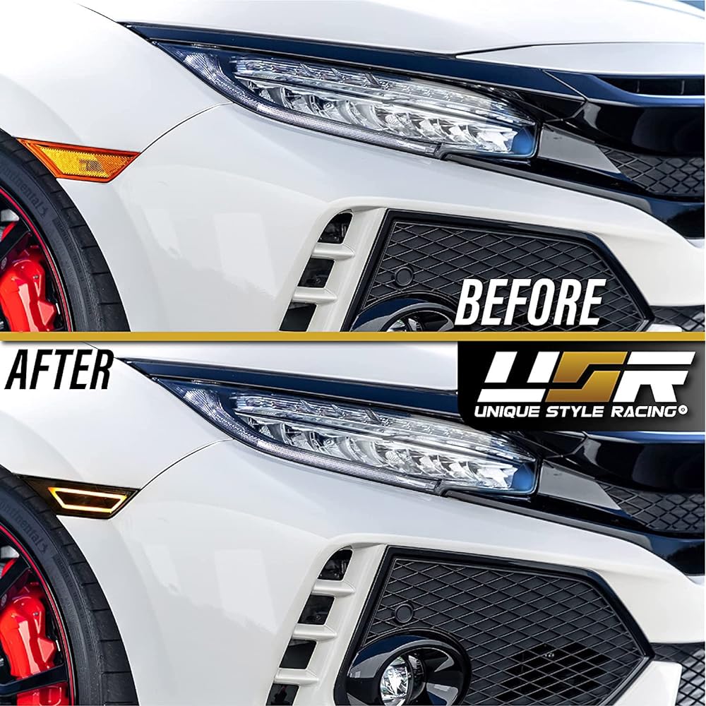 USR UNIQUE STYLE RACING DEPO 10th generation Civic side marker 911 Carrera style LED light bar front bumper lamp 2016-2021 Honda Civic Coupe Sedan Hatchback All models (Smoke Lens Amber LED)