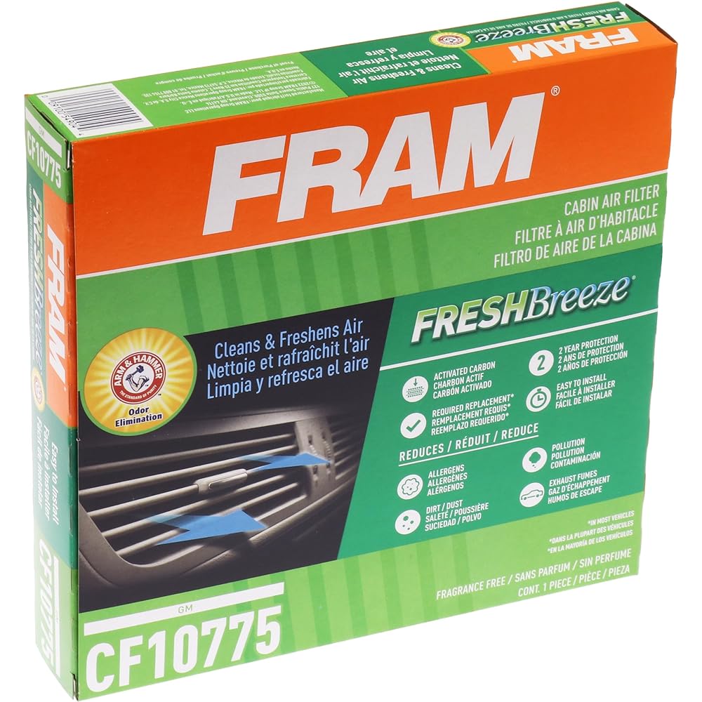 Fram Fresh Breeze Cabin air filter replacement car passenger seat compartment arm and hammer baking soda Easy installation CF10775 GM car