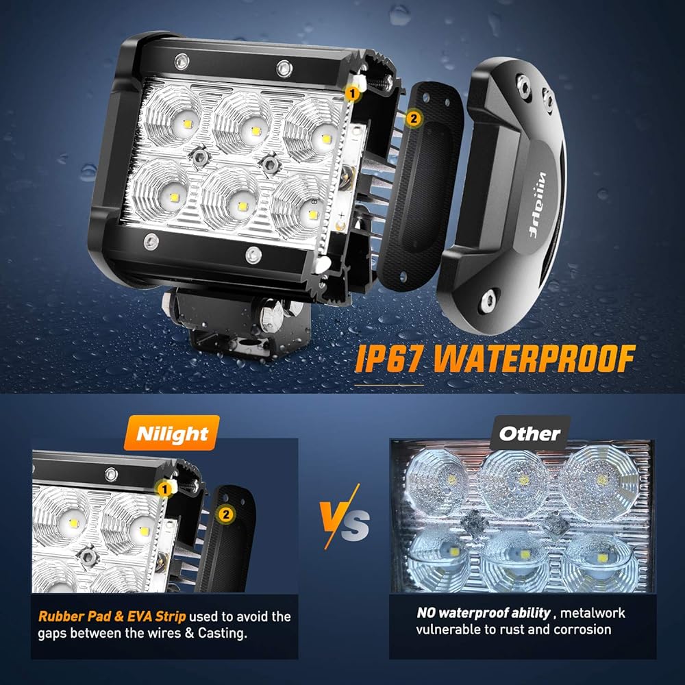Nilight LED Light Bar 2pcs 18W 4" Flood Powered Fog Light Off Road Lights Boat Light Driving Light LED Work Light SUV Jeep Lamp,2 Year Warranty