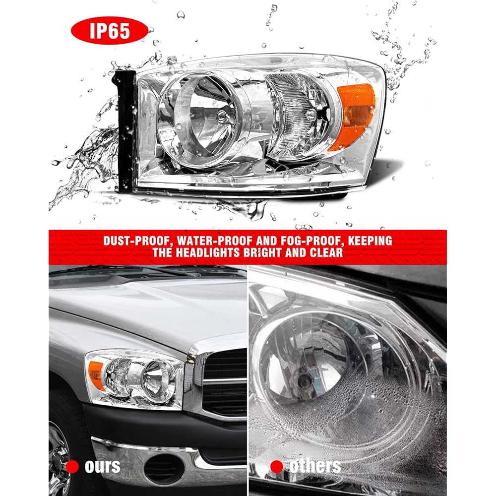 Adcarlights 2006-2009 DODGE RAM Headlight Assembly 2006-2008 DODGE RAM 1500/2006-2009 DODGE RAM 2500 3500 Clear Lens Crome Housing Amburid Frector Head Lamp replacement left and right