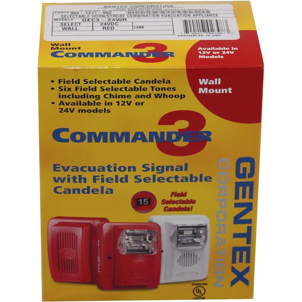 Gentex GEC3-24WR 24VDC Selectable Candela Low Profile Evacuation Horn & Strobe - Red Faceplate