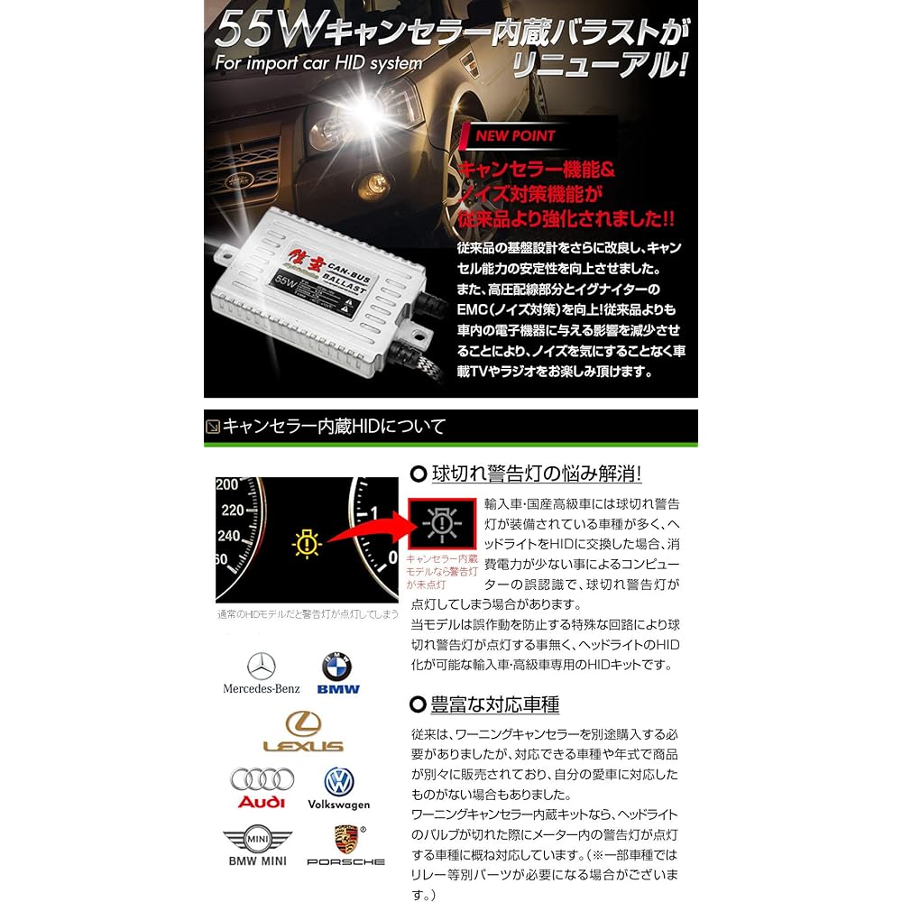 Shingen H7 55W 6000K HID Kit with Built-in Canceller, Headlight, Warning Light Protection