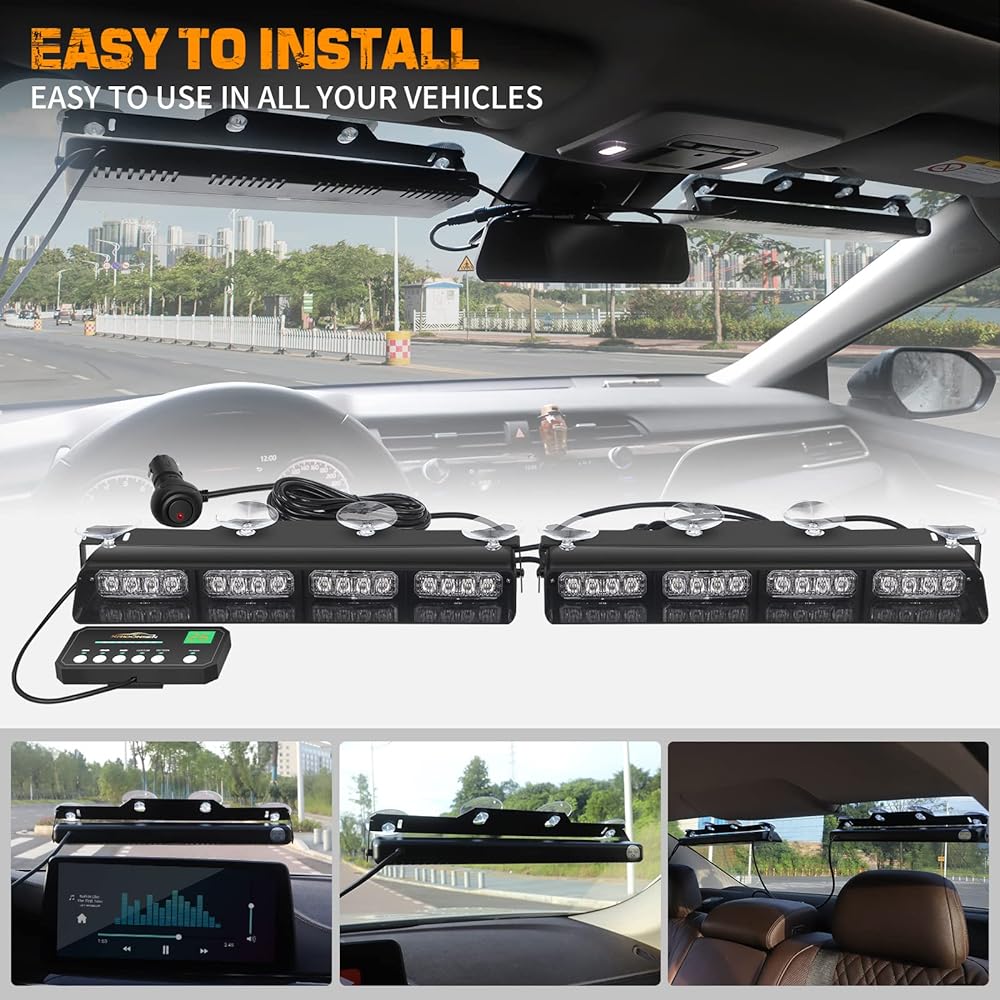 XRIDONSEN Emergency Dash Strobe Bone Safety Flash Warning Care Interior Front/Rear Front Character Deck Sprit Light Bar For Construction Vehicle Truck (2x14 inch Anber White)