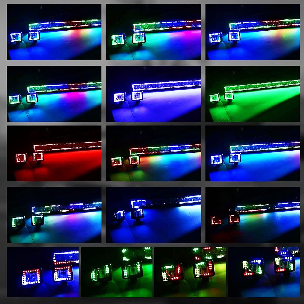 FEELON 22 inch curved RGB LED light bar 2X 4 flood LED pod tracking RGB HALO 16 color off -road driving fog switch with wiring harness