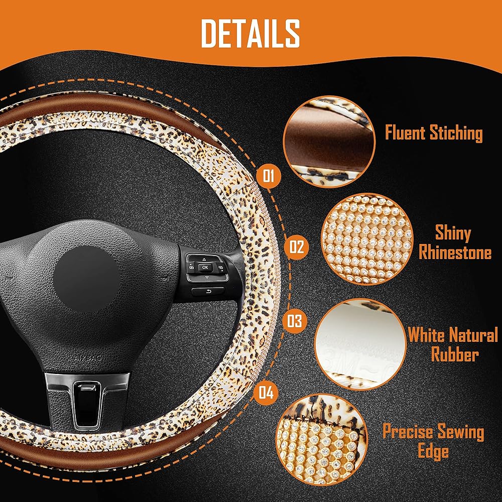 Nawataf Diamond handle cover glittering rhinestone leopard pattern leather universal fit 15 inch wheels