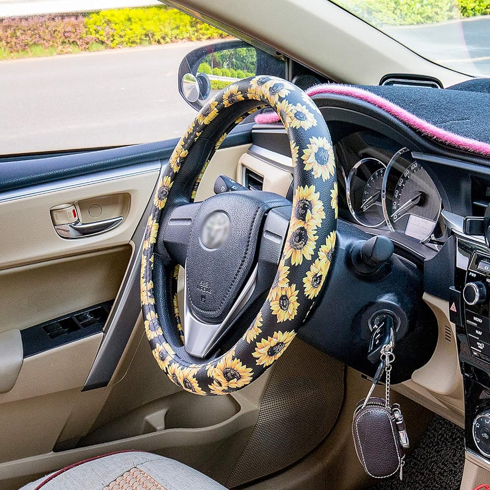 Evankin Himawari Handle Cover Cute Handmade Leather Universal Handle Cover 15 inch Fashionable Bohou Himawari Himawari Accessories Ladies Top Girl Car Accessories