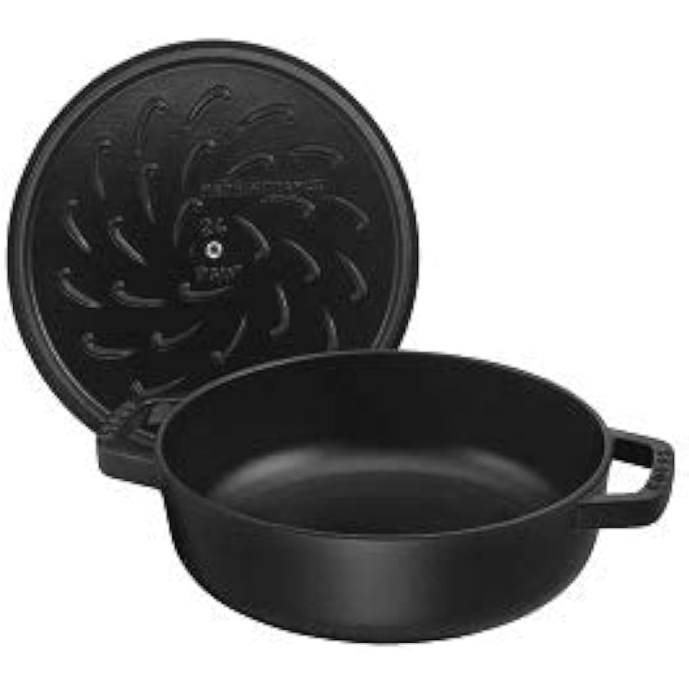 Staub "Braiser Saute Pan Black 24cm" Two Hand Cast Enamel Pot Shallow Sukiyaki Compatible with IH [Authorized Japanese Product] Braiser 40511-473