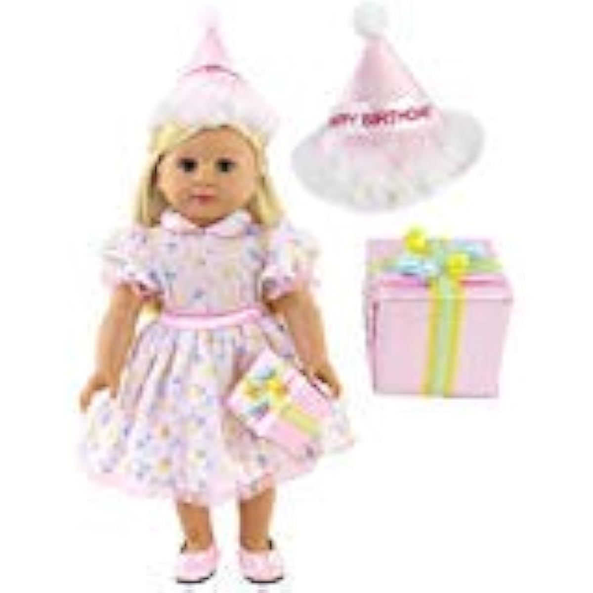 Birthday Girl Dress Party Hat and Present | Fits 18" American Girl Dolls, Madame Alexander, Our Generation, etc. | 18 Inch Doll Clothes