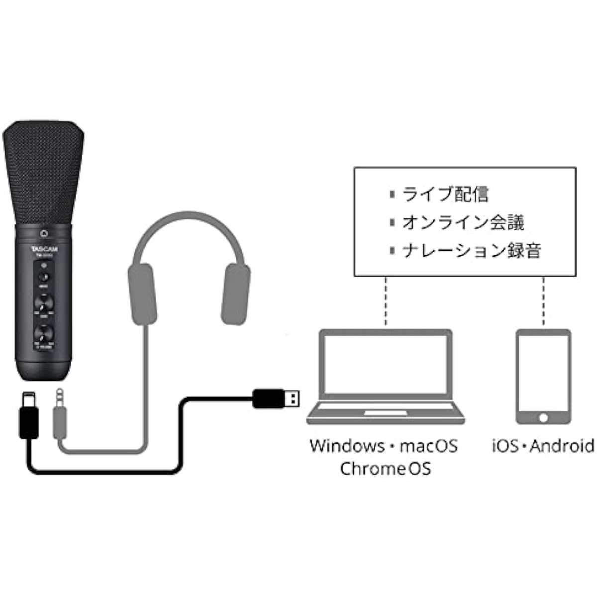 TASCAM TM-250U USB Microphone for Online Meetings, Live Streaming, and Game Commentary + PO5S Pop Filter + KHP001 Headphones