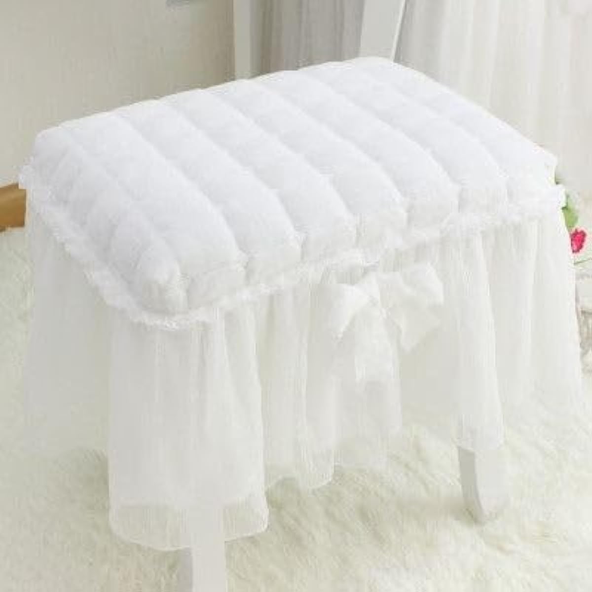 Piano chair cover, frilled, lace, ribbon, soft, princess style (white)