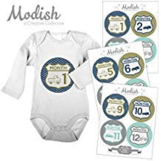 12 Monthly Baby Stickers, Retro Cars Baby Month Stickers, Uptown Traffic Nursery Decor, Baby Belly Stickers, Baby Month Stickers, First Year Stickers, Navy Blue, Mint, Gray, Grey, Baby Boy by Modish - Creative Collective