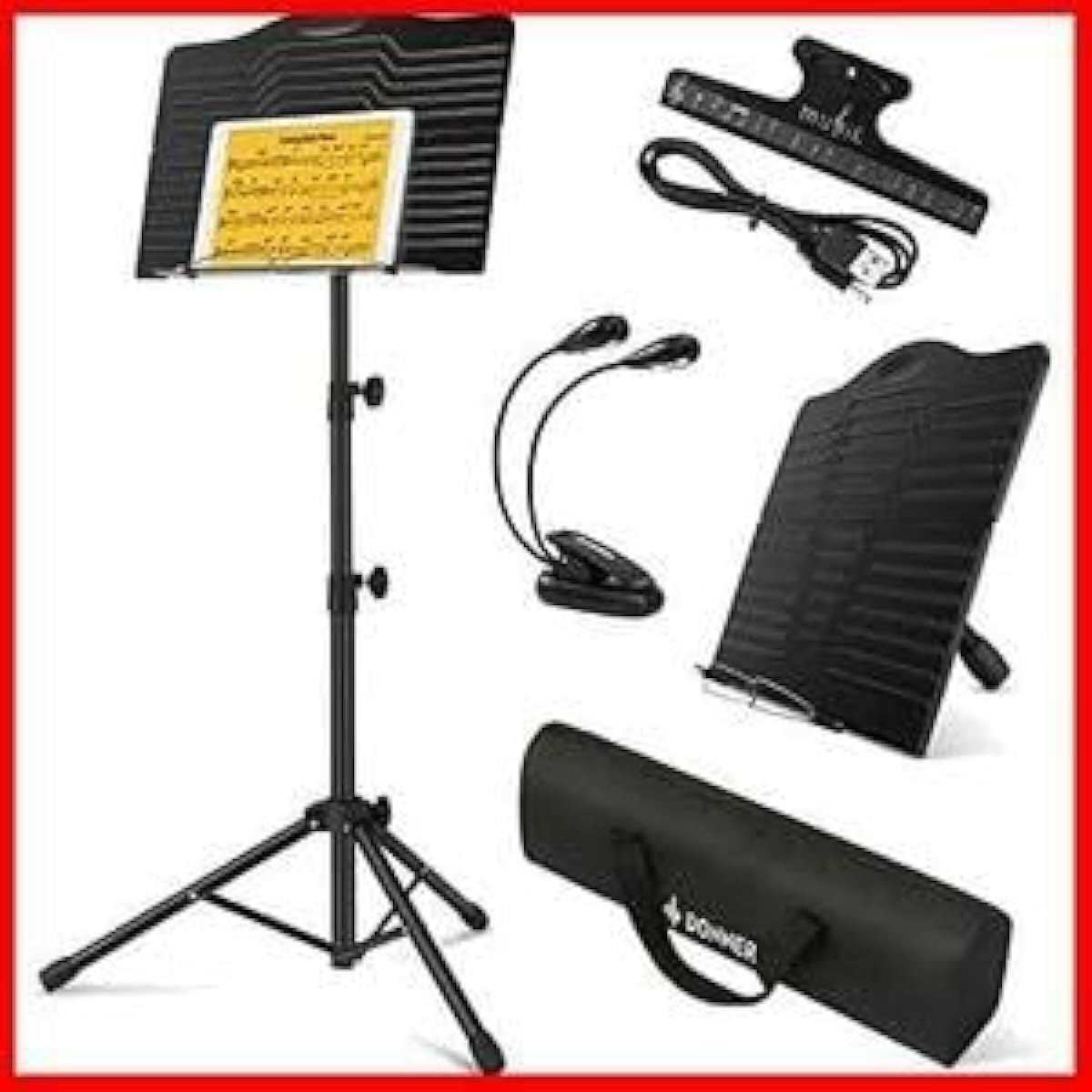 Lighted music stand set, lightweight, foldable, with light, storage bag and music clip, height adjustable from 42cm to 144cm