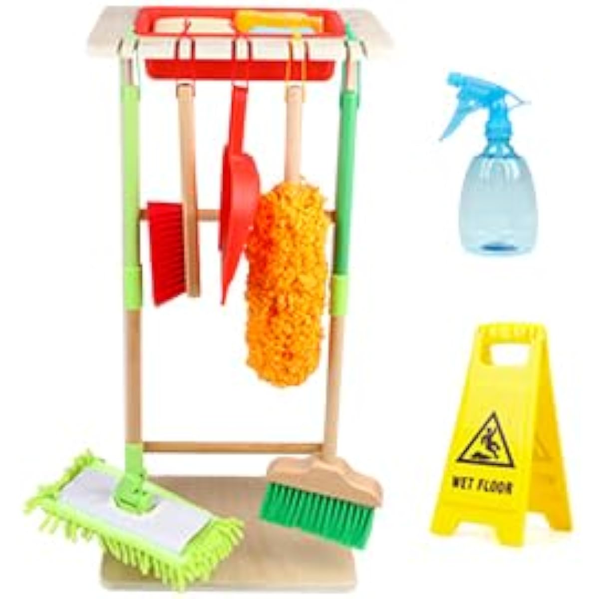 Gemileo Kids Cleaning Set - 12 Piece Wooden Detachable Cleaning Toys with Housekeeping Broom, Mop, Duster, Dustpan, Brush and Hanging Stand for Pretend Kitchen Toddlers