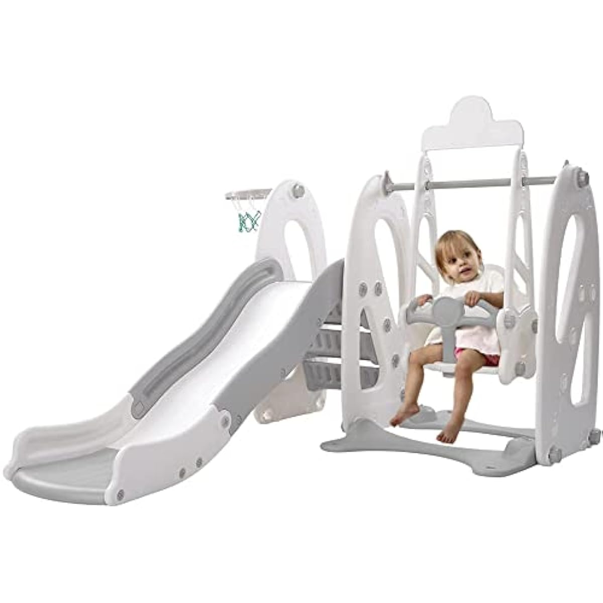 Osaka Kuma Indoor Playground Slide and Swing Set with Basketball Hoop for Kids Slide with Load Capacity of 40kg Stable Indoor Kids Children Toddlers Birthday Present Celebration Toy Slideswing Japanese Instruction Manual (One Size, Gray x White)
