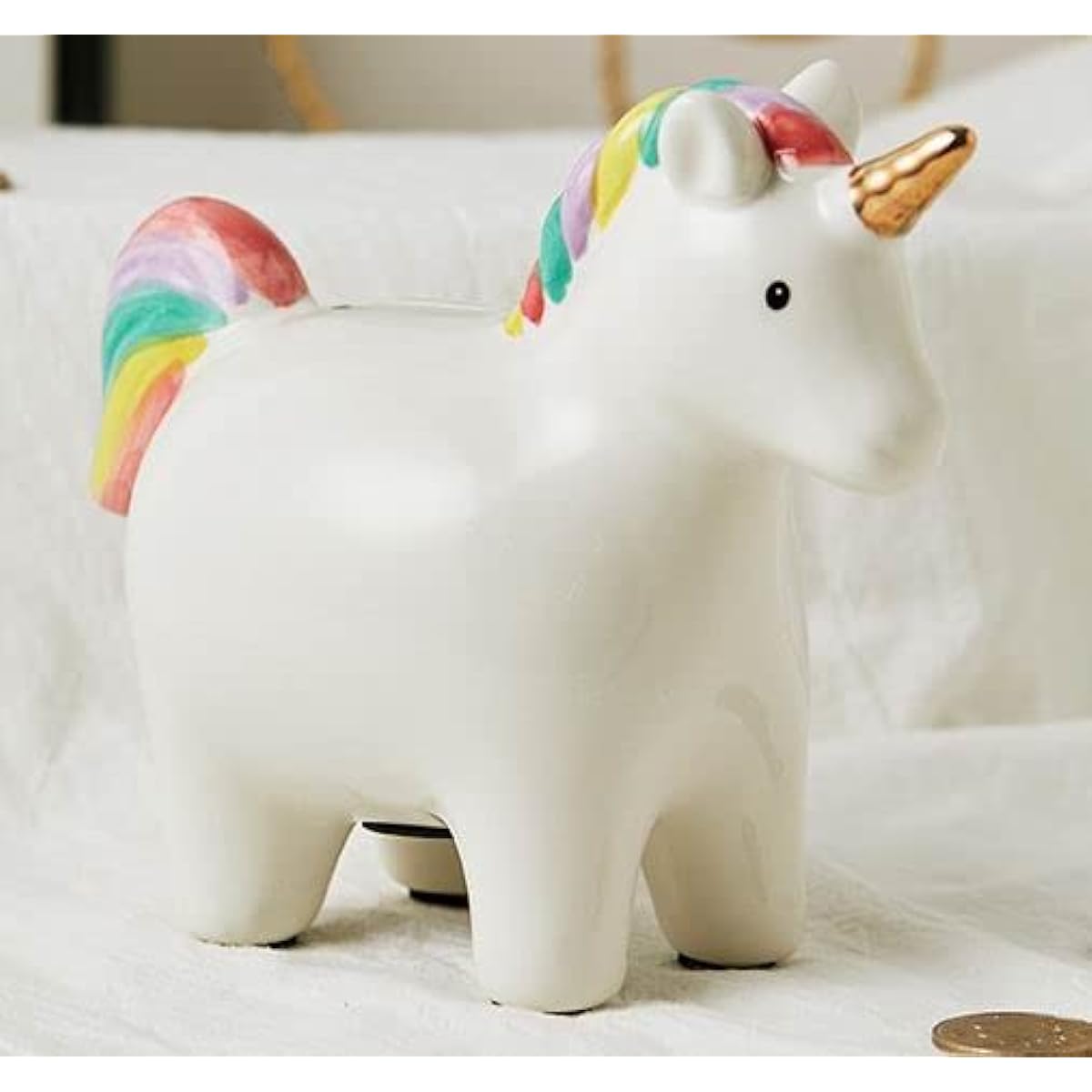 Creative Gifts International Fluffy Unicorn Money Box, White and Rainbow, Ceramic, 5" x 7" in Gift Box