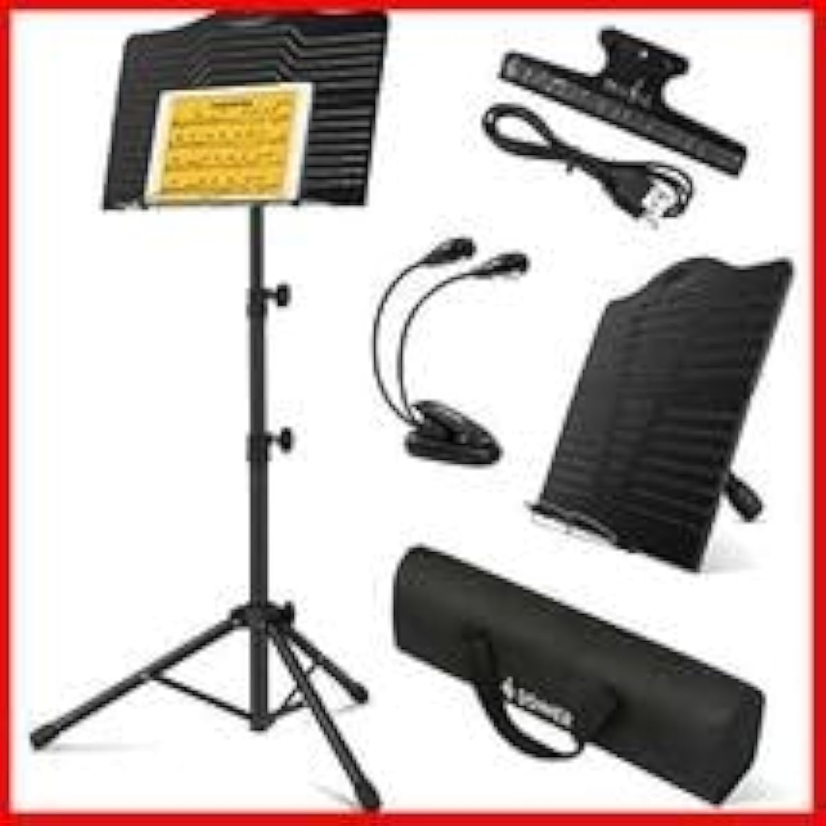 Lighted music stand set, lightweight, foldable, with light, storage bag and music clip, height adjustable from 42cm to 144cm