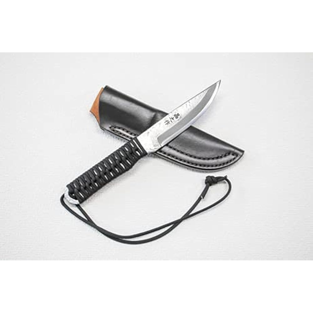 Akinosaku Tosa Forged Full Tang Outdoor Knife "Dokuyu" 115 Black Double Edged Hammered Polished Paracord Wrapped Tosa Original White Steel Leather Case with Blacksmith Logo (Chocolate Color) bepalwa-004(007) Toyokuni Made in Japan Outdoor Camping Battoni