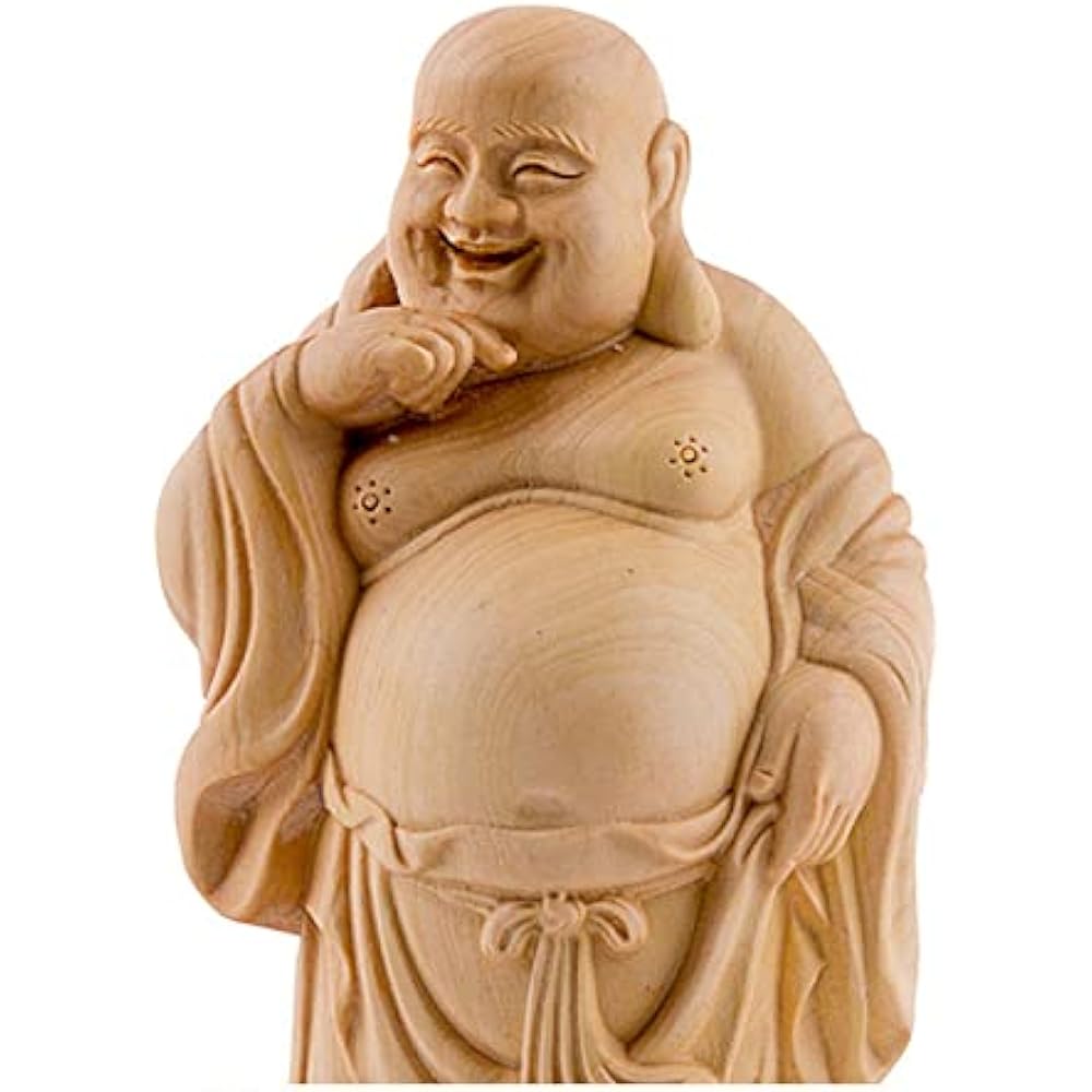 Wooden Hotei-sama Shōmon Raifuku Hotei statue High-quality natural boxwood wood carving <Buddha statues, lucky charms, lucky ornaments> Hotei-sama figurine Seven Lucky Gods figurine (Height 12cm x Width 6cm x Depth 5cm)