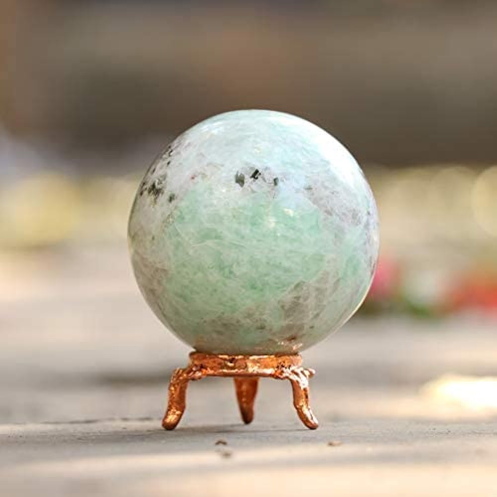 Crocon Amazonite Crystal Sphere and Metal Stand Gemstone Sphere Healing Ball Sculpture Feng Shui Fortune Telling Figure Home Halloween Decoration Photo Size: 50-60 mm