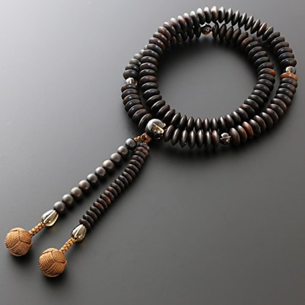 Kyoto Buddhist Altar Hayashi Prayer Beads Tendai Sect Plain Striped Ebony with Brown Crystals (For Men) Official Ceremony [Bead Bag Set] SM-084 Kyoto Prayer Beads
