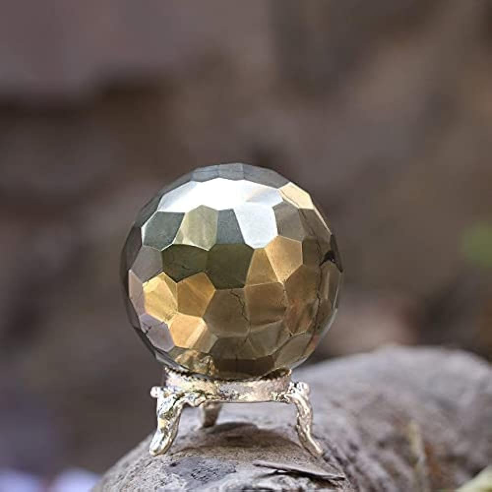 Crocon Golden Pyrite Diamond Cut Crystal Ball with Metal Stand | Gemstone Ball Healing Sphere Sculpture Figure | Feng Shui Fortune Telling Home Decoration | Crystal Ball | Size: 50-60mm
