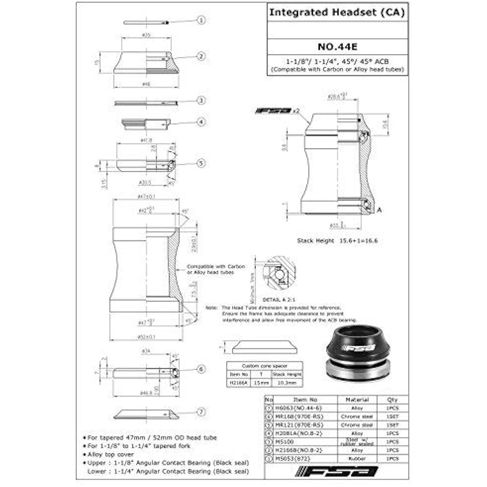FSA Orbit C-33 Integrated Headset Fit 1-1/8Inches to 1-1/4Inches,Height 15.8mm, Tapered, NO.44E, XTE1592