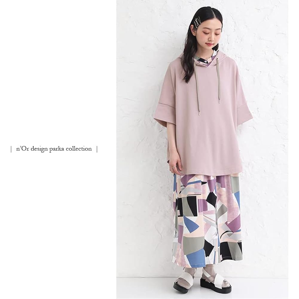 [n'Or LABEL] Fashionable Walker [Round Hem Loose Parka] Hoodie Hoodie Spring/Summer Women's Top Half Sleeve Three Quarter Sleeve Round Hem Mini Fleece Color Scheme Eyelet Slit Layering Pastel Dull Color tfn0259
