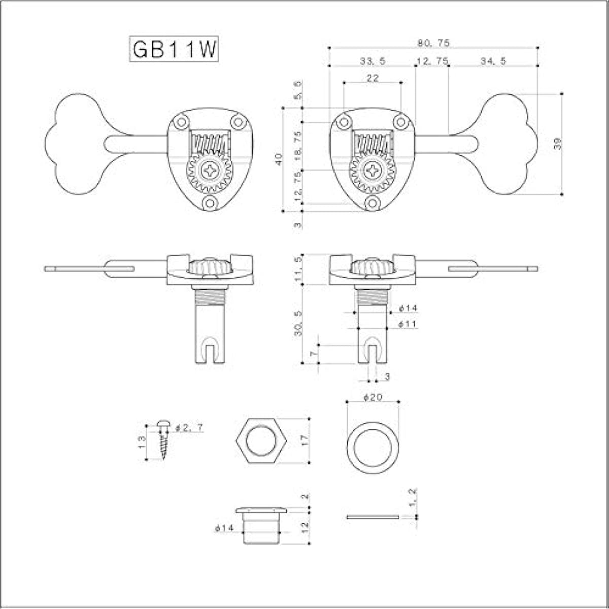 GOTOH 5-string bass tuning pegs GB11W-5/L5 Gold