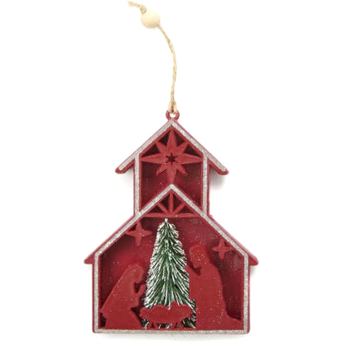 Nativity Christmas Ornaments - Farmhouse Style Holiday Home Decor - Set of 3 in Gift Bag (Red Nativity)