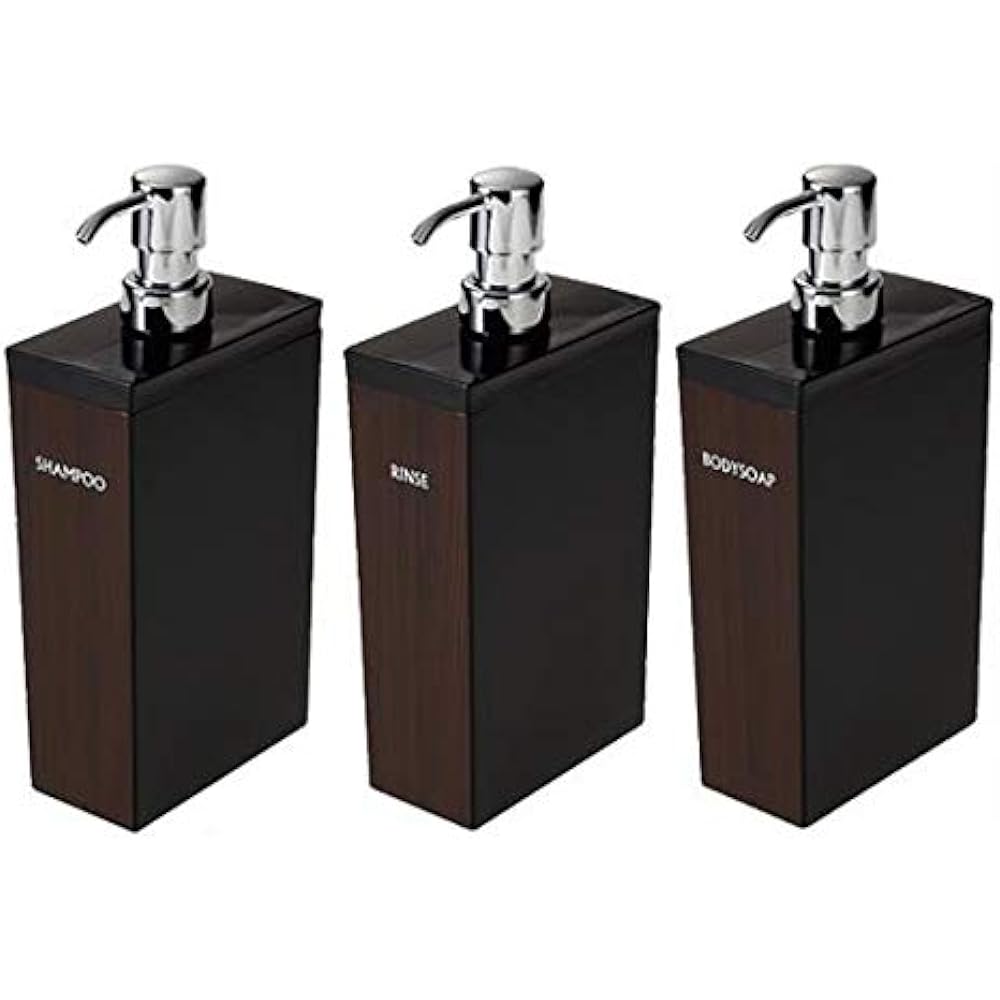 WOODY Dispenser Refillable Bottles Set of 3 (Shampoo, Conditioner, Body Soap) Long Square (700ml) Black x Walnut