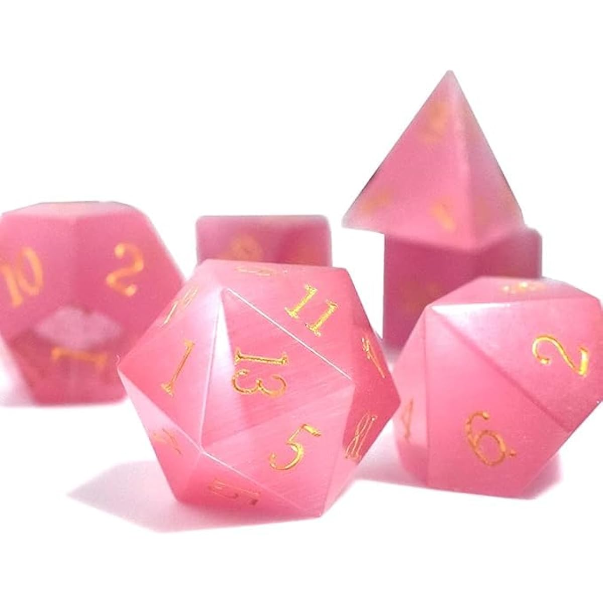 Natural Gem DND Dice Set 7 Pieces Pink Cat's Eye Handmade Polyhedral D&D Dice with Gift Metal Box for Dungeons & Dragons MTG Role Playing Game (Pink Cat's Eye)