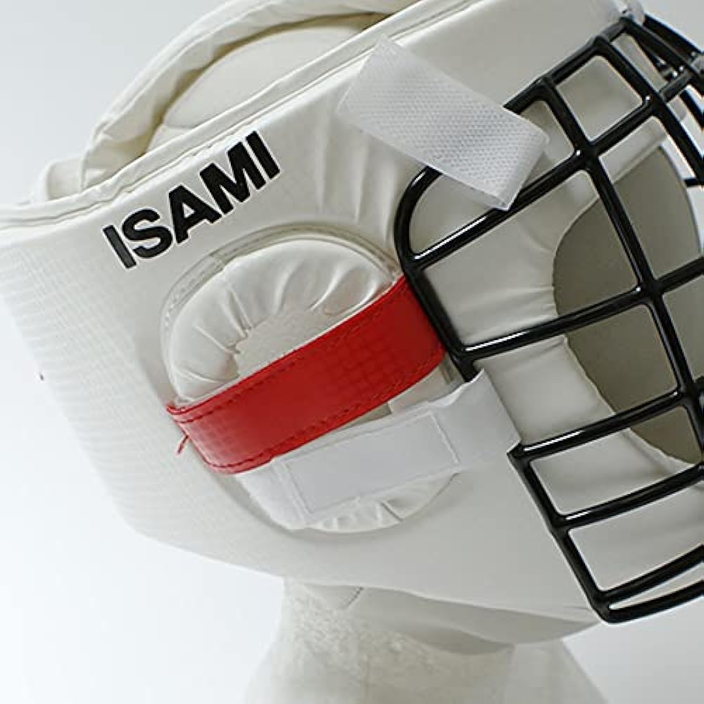 ISAMI Karate Head Guard II TN-10 // ISAMI Men's Gold with Red Corner Tape Wire Mesh Headgear Karate Full Contact Full Control Practice Dojo Gym Protective Gear