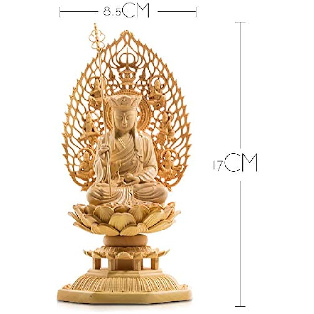 Wooden Carved Buddha Statue Ornament Jizo Bodhisattva Tsuge Tree Buddhist Altar Buddha Statue Pray Warm Off (Height 17cm x Width 8.5cm x Depth 8.5cm)