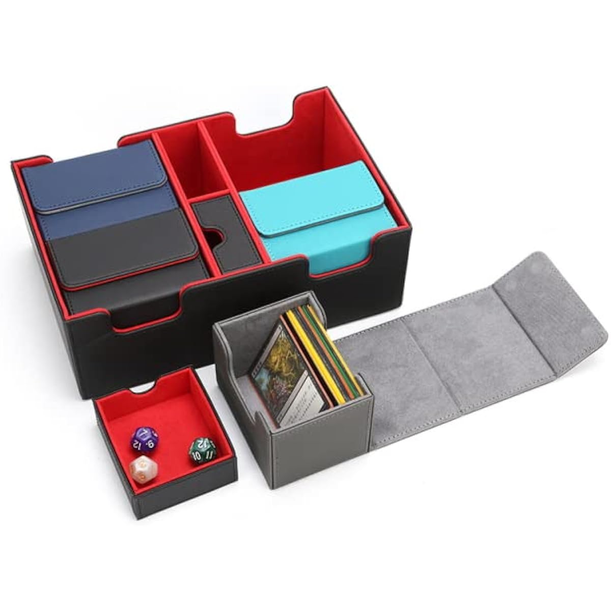 F-BOX Deck Case, Card Case, Trading Card Case, Horizontal Insertion, Removable PU Leather, "Yu-Gi-Oh!, Duel Masters, and Various Card Games," Sleeve Compatible (4 S-Size Cases + 2 Dice Cases Included) (Black (Red Interior))