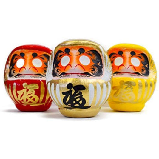 Takasaki Daruma, Red, Gold, Yellow, Set of 3, Good Fortune, Safety in the Home, Business Prosperity, Good Luck, Success in Life, 11 x 10 x 9, Bodhidharma Figurine, Red Face