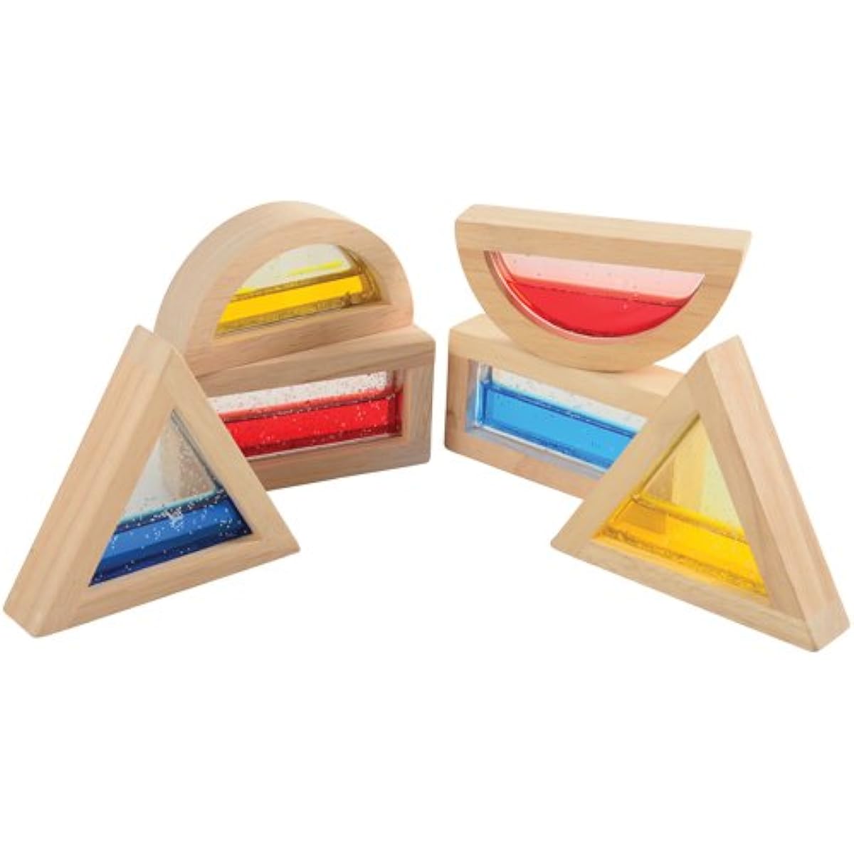 Constructive Playthings Glitter Water Building Blocks Rectangle Triangle Round Hardwood Frame Toddler Toys for Interactive Play Set of 6 Blocks Ages 3+