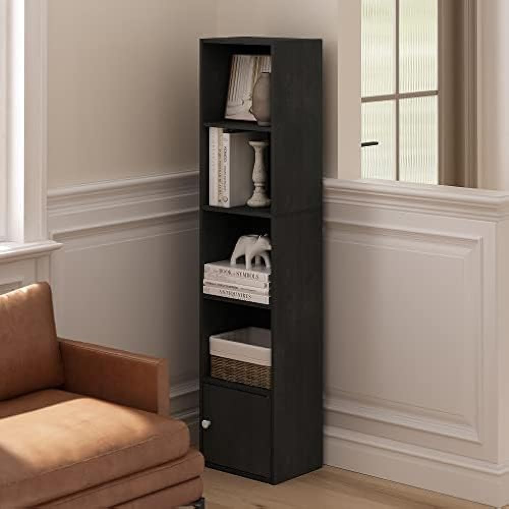 Furinno Bookcase Decorative Shelf Luder Series with Doors 5 Tiers Width 30.5 x Depth 23.6 x Height 132.3 cm Black Wood [Regular Japanese Import Product] 22274BKW