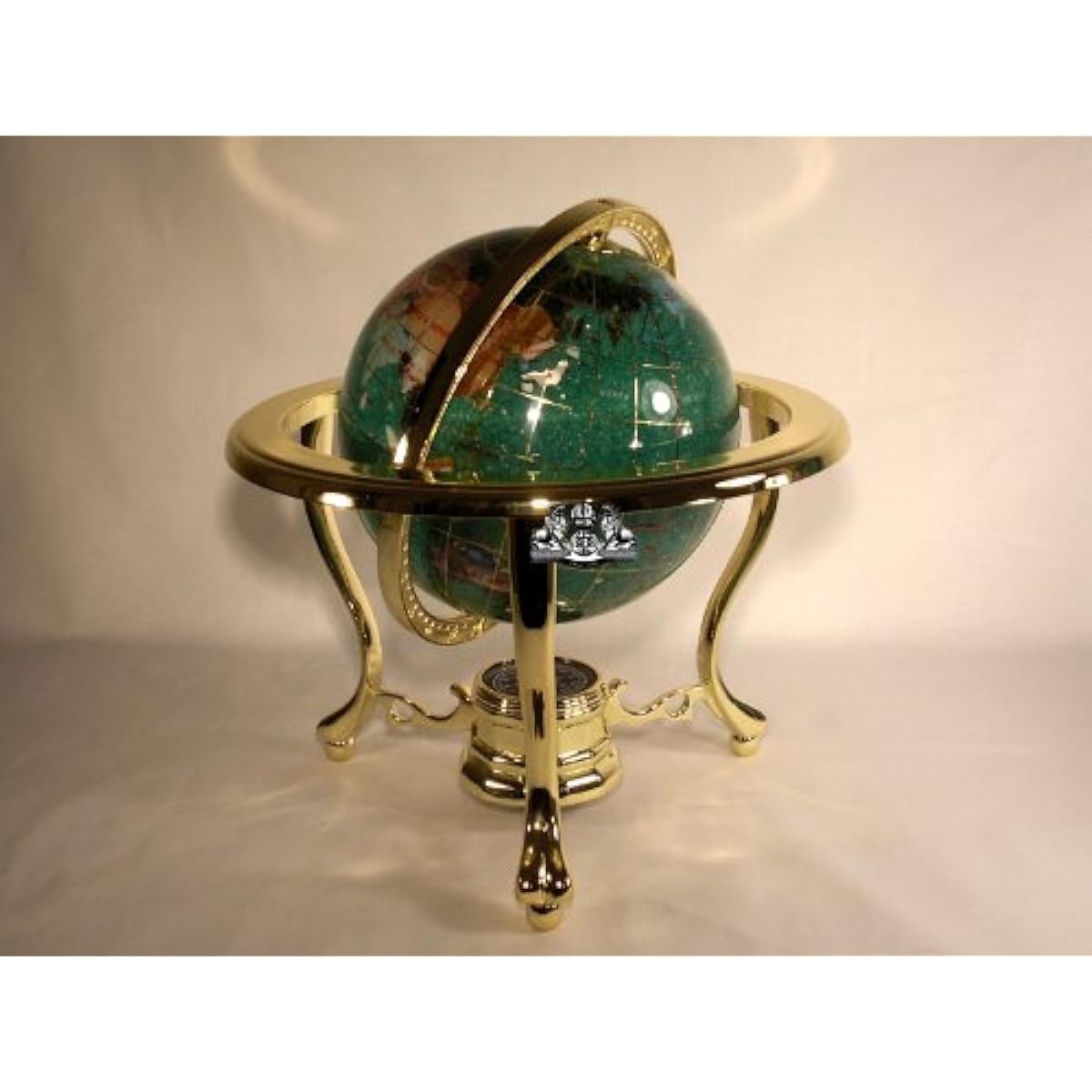 Unique Art Since 1996 11" Tall Green Crystal Ocean Tabletop Gemstone Globe with 3 Legged Gold Stand