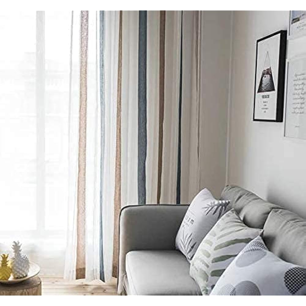 Ponoa Luxury Embroidered Striped Lace Curtain, Hard to See, Comes with Adjuster Hook, Fashionable, Stylish Voile Curtain, Blue, Beige (Width 150cm, 2 pieces included, Width 150cm x Length 110cm)